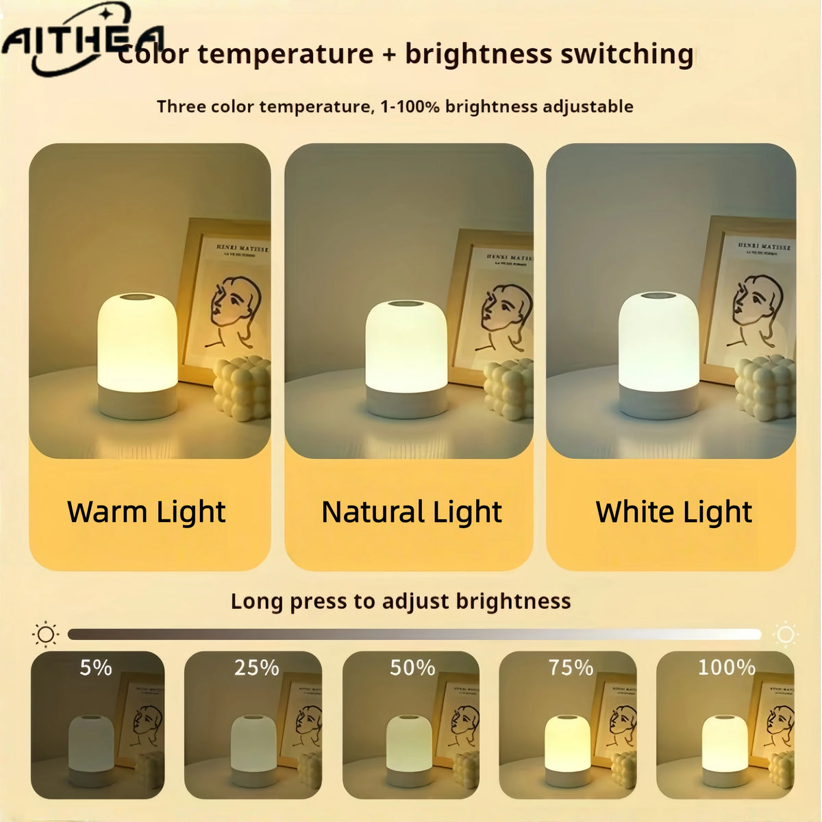 Lampe de chevet LED rechargeable AITHEA à capteur tactile, 3 couleurs réglables, portable, pour chambre à coucher, salle de lecture, décoration