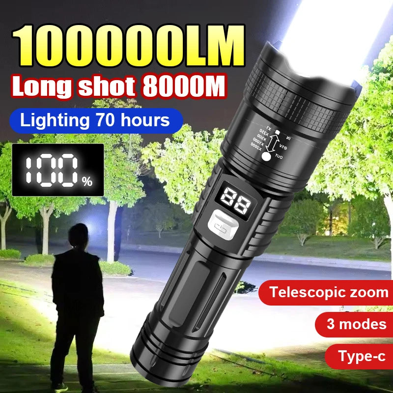 Lampe de poche Super lumineuse 100000LM, torche LED Rechargeable de Type C, lampe tactique longue portée pour l'extérieur, lanterne de Camping étanche