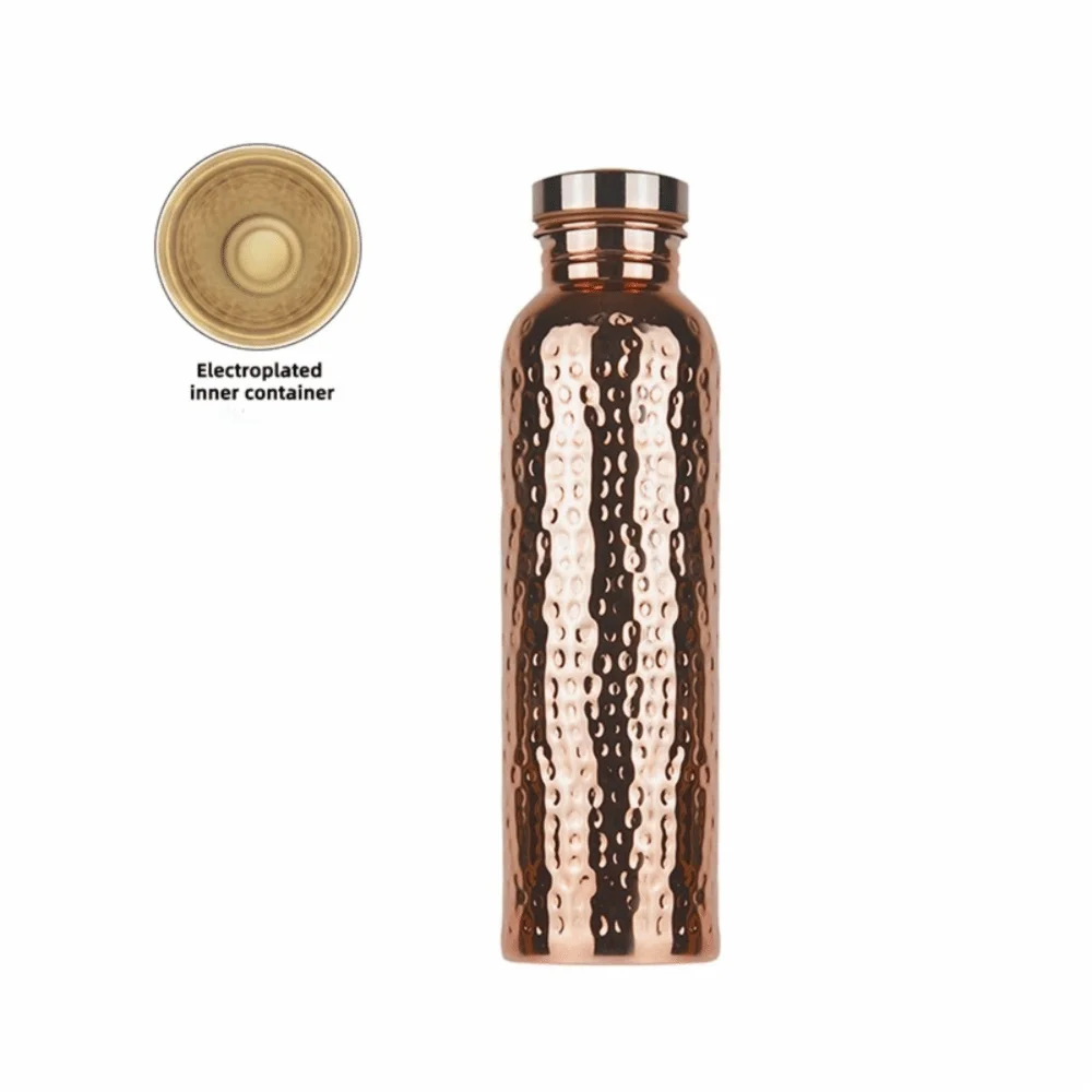 Bouteille d'eau en cuivre de 800 ml  Base antidérapante en silicone   Couvercle ouvert en un clic   Bouteille à motif marteau   Isolation thermique
