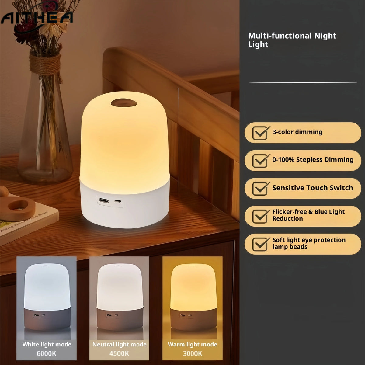 Lampe de chevet LED rechargeable AITHEA à capteur tactile, 3 couleurs réglables, portable, pour chambre à coucher, salle de lecture, décoration