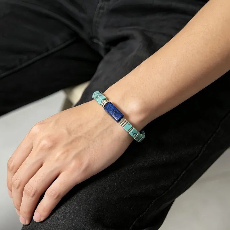 Bracelet pour femme composé de tubes carrés en turquoise naturelle veinée et en lapis-lazuli – Bijou vintage en pierres naturelles, idéal pour l'accumulation