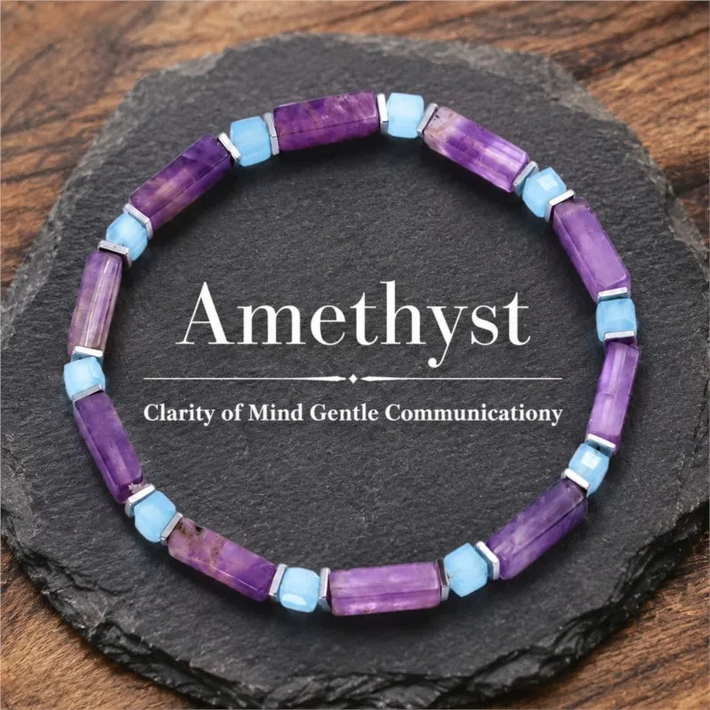 Bracelet extensible en perles rectangulaires d'améthyste naturelle et de calcédoine bleue pour femmes, bijoux de mode bohème empilables, cadeau