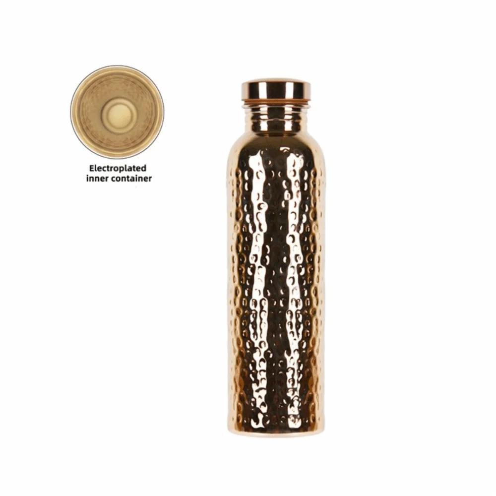 Bouteille d'eau en cuivre de 800 ml  Base antidérapante en silicone   Couvercle ouvert en un clic   Bouteille à motif marteau   Isolation thermique