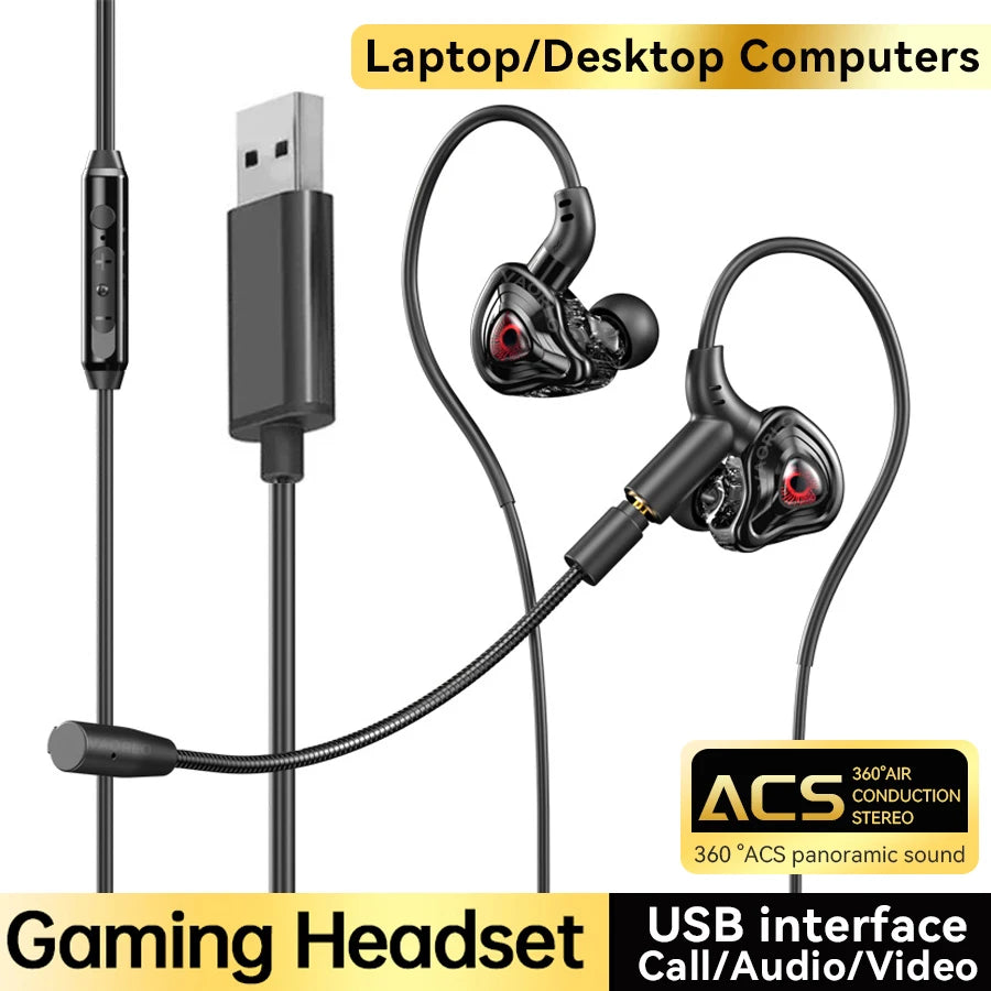 Casque de jeu avec interface 3,5 mm/Type-C/USB, son surround à 360°, basses HiFi, double microphone intra-auriculaire, compatible PUBG avec faible latence.