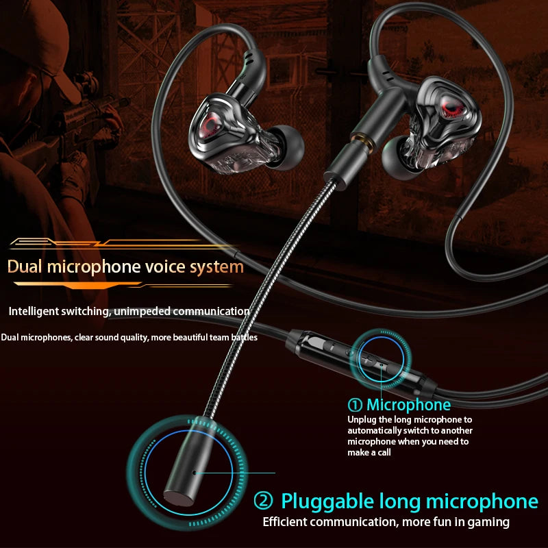 Casque de jeu avec interface 3,5 mm/Type-C/USB, son surround à 360°, basses HiFi, double microphone intra-auriculaire, compatible PUBG avec faible latence.