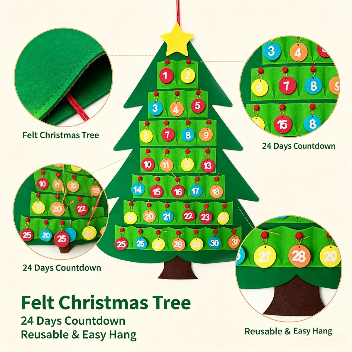 Calendrier de compte à rebours pour sapin de Noël – Calendrier de l'Avent DIY réutilisable à suspendre – Décoration de fête et d'intérieur pour les fêtes