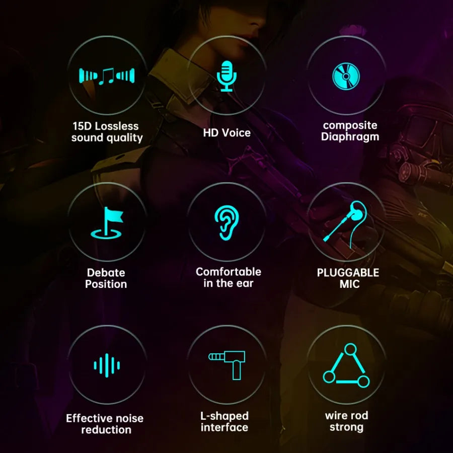 Casque de jeu avec interface 3,5 mm/Type-C/USB, son surround à 360°, basses HiFi, double microphone intra-auriculaire, compatible PUBG avec faible latence.