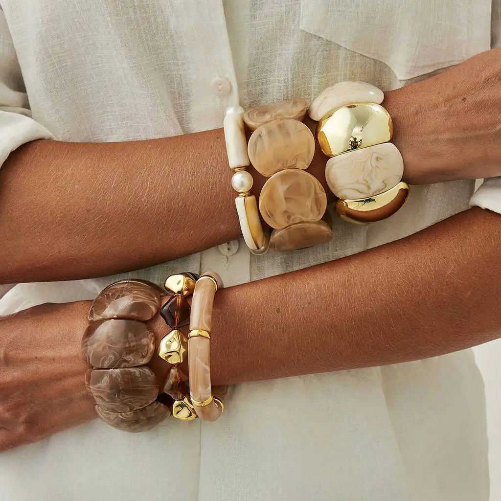 Lot de 6 bracelets élastiques pour femme style boho-punk : bracelets géométriques en résine acrylique et perles CCB vintage
