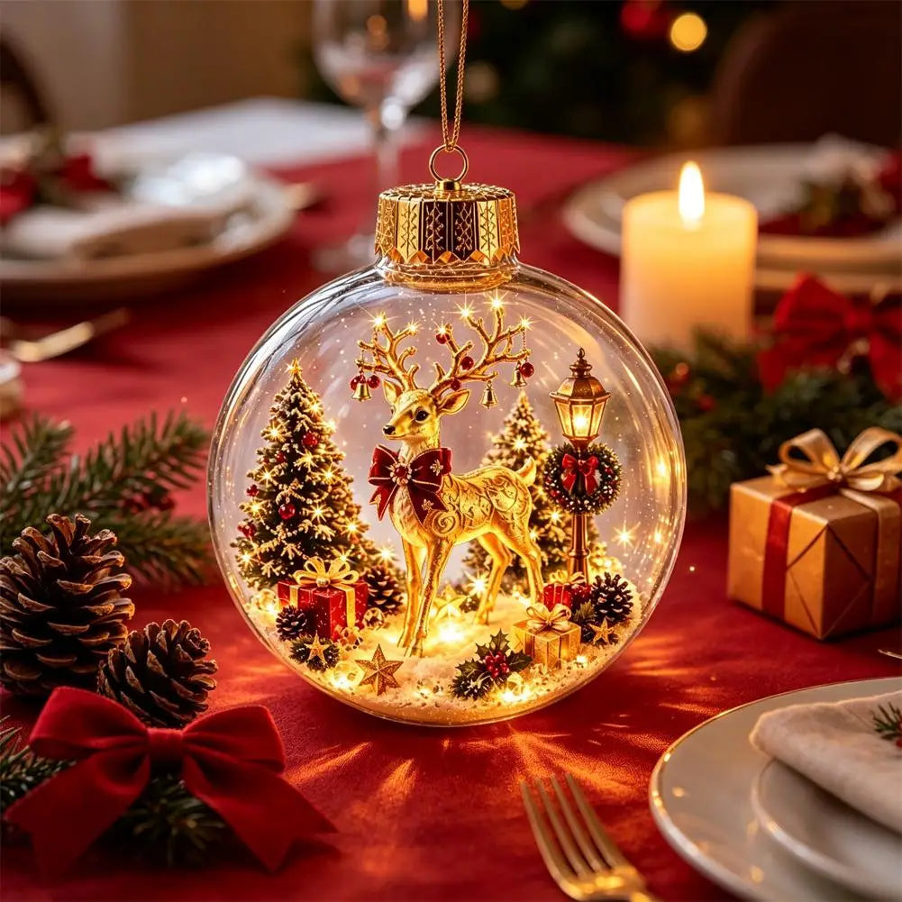 Décorations lumineuses sur le thème de Noël : casse-noisette, renne, bonhomme de neige et sapin ; pendentifs décoratifs lumineux en forme de boule de cristal.