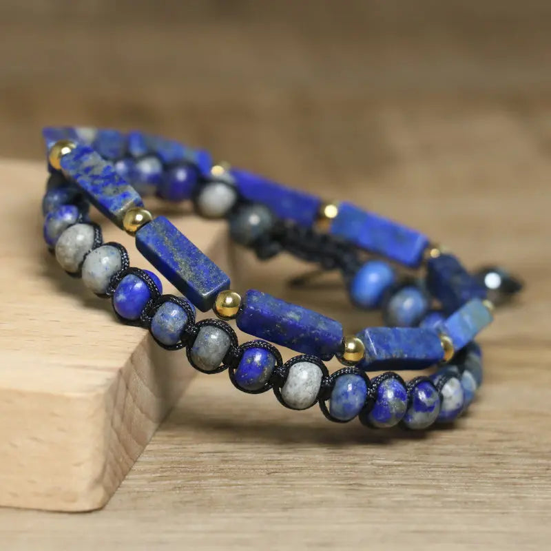 Bracelet Lapis Lazuli | Perles rondes et rectangulaires en pierre naturelle | Noué à la main avec cordon noir | Accessoire minimaliste Boho