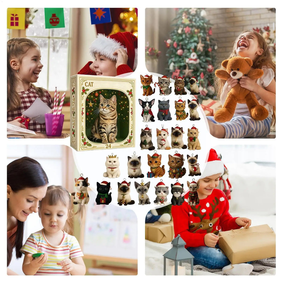 Calendrier de l'Avent « Chat de Noël » – Compte à rebours de 24 jours – Ornements en acrylique 2D – Décoration à suspendre pour sapin de Noël – Objet de collection / Cadeau