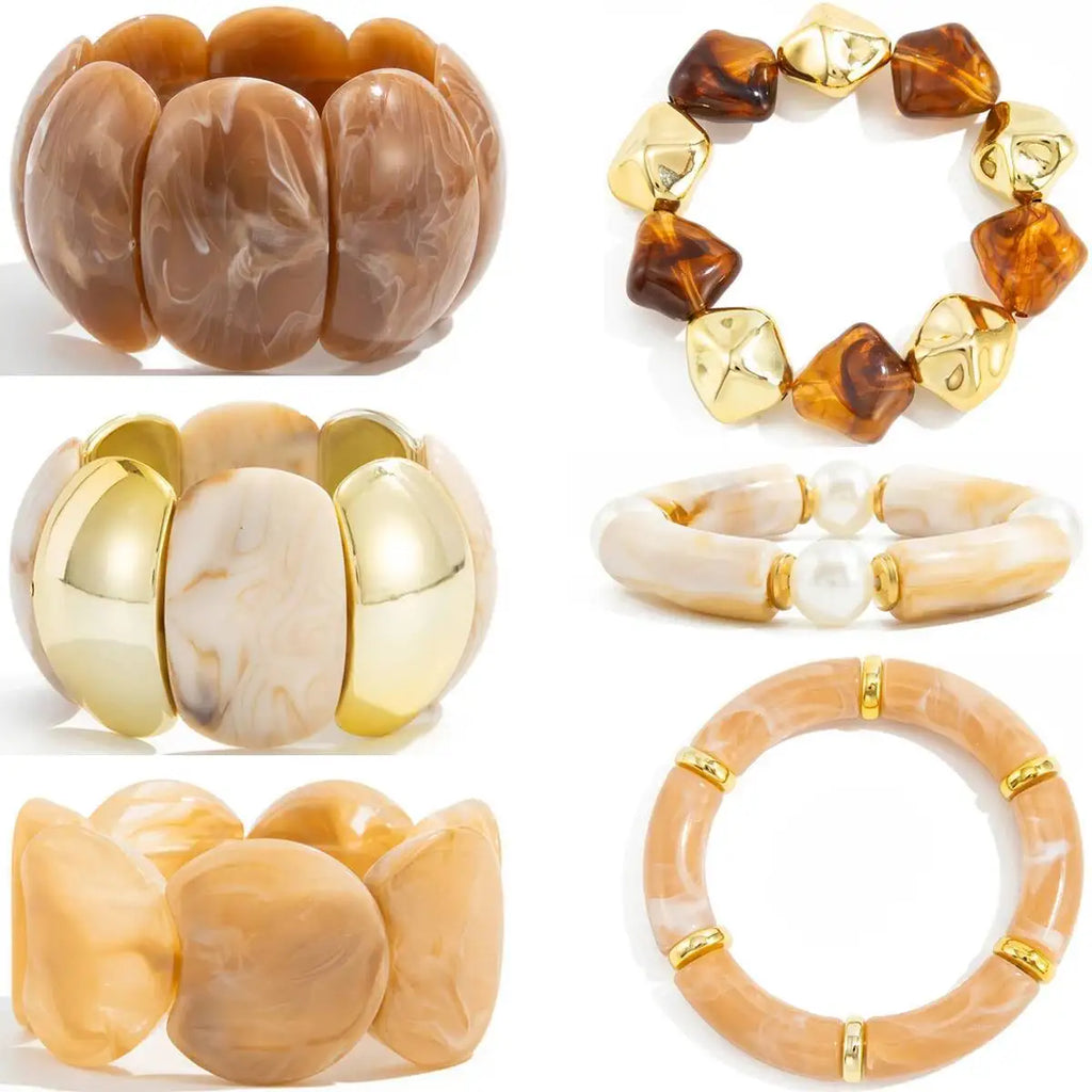 Lot de 6 bracelets élastiques pour femme style boho-punk : bracelets géométriques en résine acrylique et perles CCB vintage
