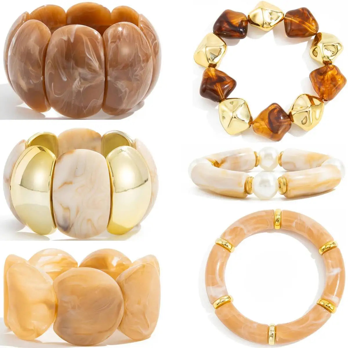 Lot de 6 bracelets élastiques pour femme style boho-punk : bracelets géométriques en résine acrylique et perles CCB vintage