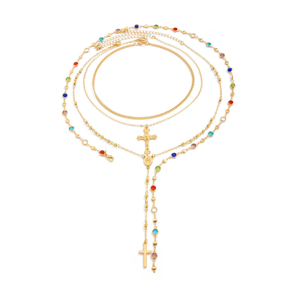 Collier à pendentif croix de Jésus, style superposé, chaîne en métal vintage, bijou pour femme,