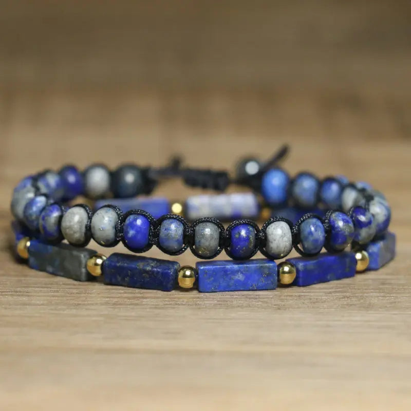 Bracelet Lapis Lazuli | Perles rondes et rectangulaires en pierre naturelle | Noué à la main avec cordon noir | Accessoire minimaliste Boho