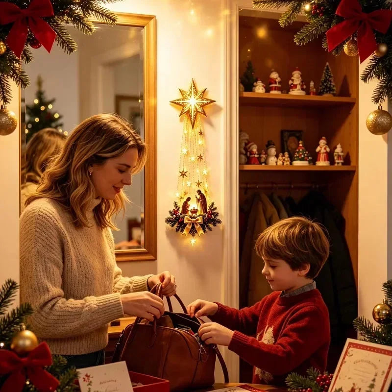Décoration murale de Noël « Étoile de Bethléem » – Crèche lumineuse, ornement suspendu, éclairage LED, décoration d’intérieur pour les fêtes