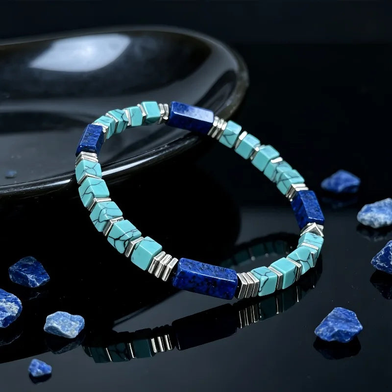 Bracelet pour femme composé de tubes carrés en turquoise naturelle veinée et en lapis-lazuli – Bijou vintage en pierres naturelles, idéal pour l'accumulation