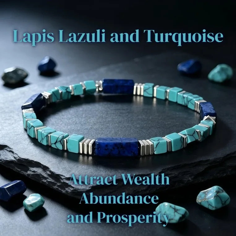 Bracelet pour femme composé de tubes carrés en turquoise naturelle veinée et en lapis-lazuli – Bijou vintage en pierres naturelles, idéal pour l'accumulation