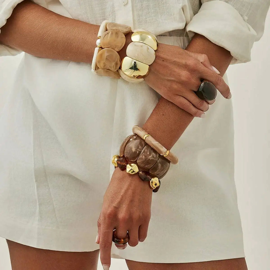 Lot de 6 bracelets élastiques pour femme style boho-punk : bracelets géométriques en résine acrylique et perles CCB vintage