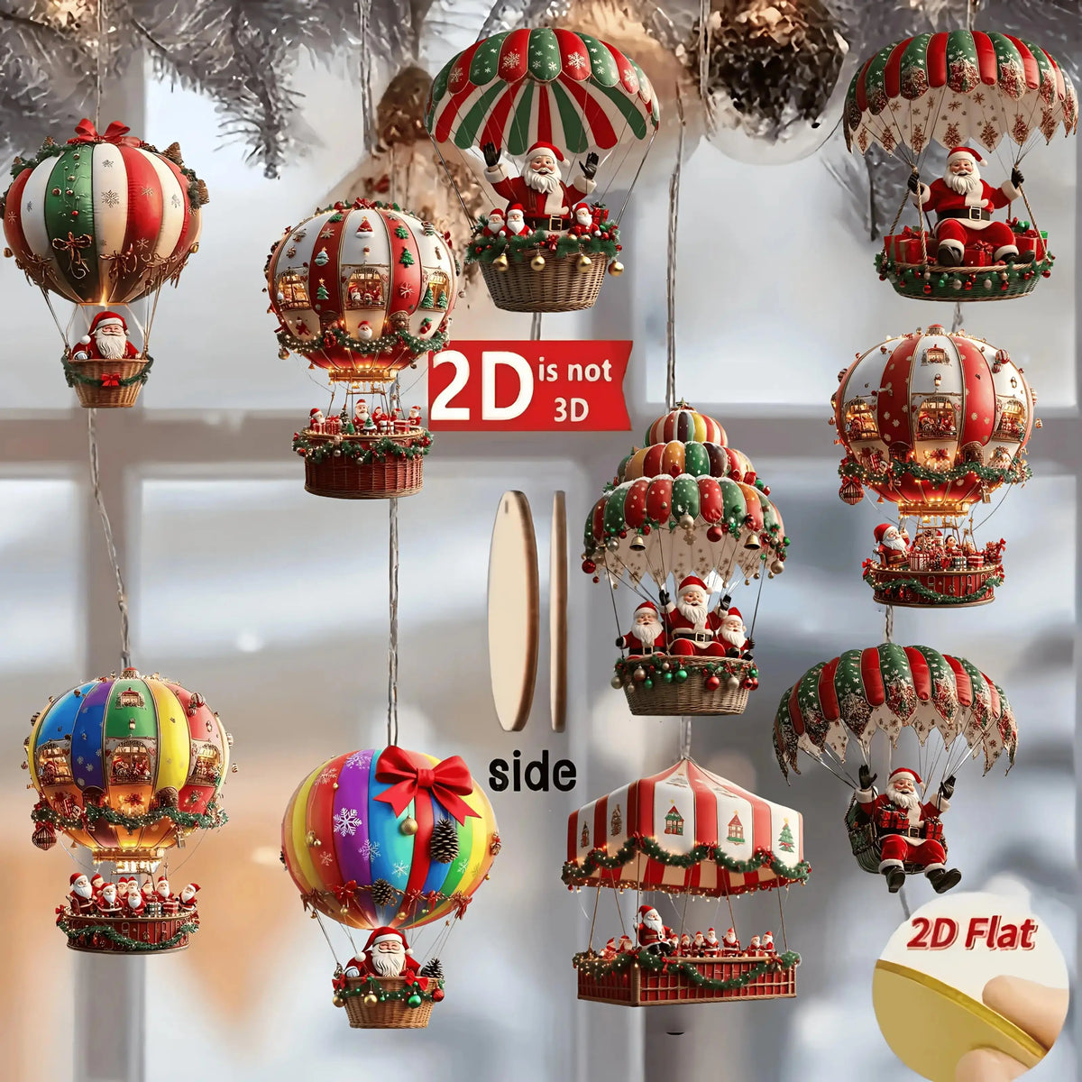 Lot de 10 décorations suspendues en bois faites à la main (série Père Noël en parachute) – Idéal pour la décoration de la maison et du jardin ou comme cadeau de fêtes